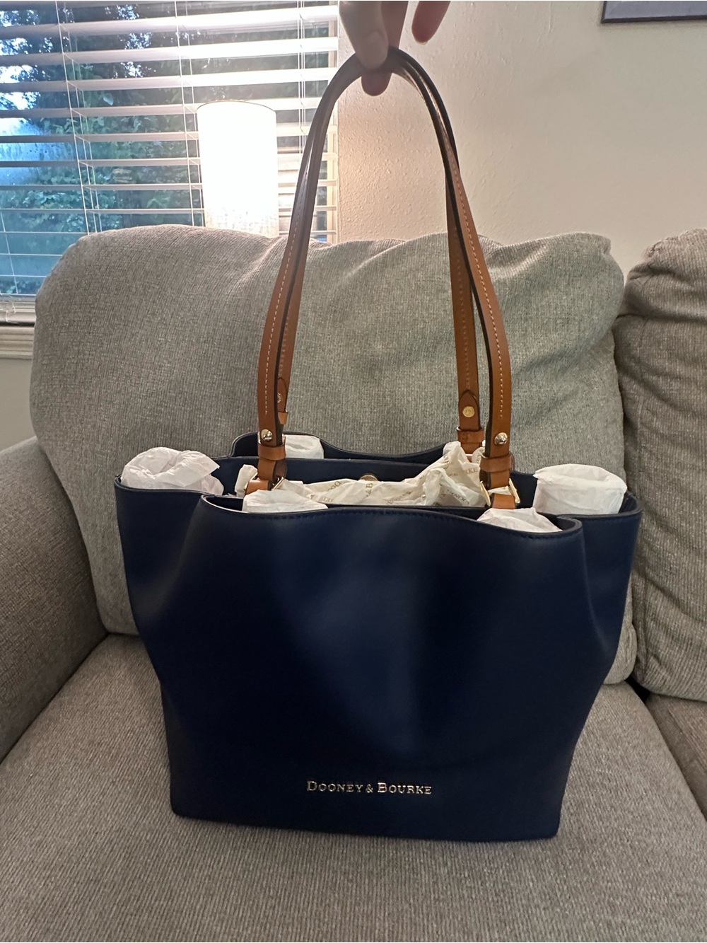 Dooney & Bourke Navy Blue Leather Barlow Bag with Tan Handles